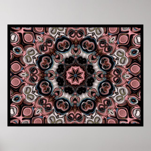 Poster Calidoscópio Floral Rosa e Cinza (Frente)