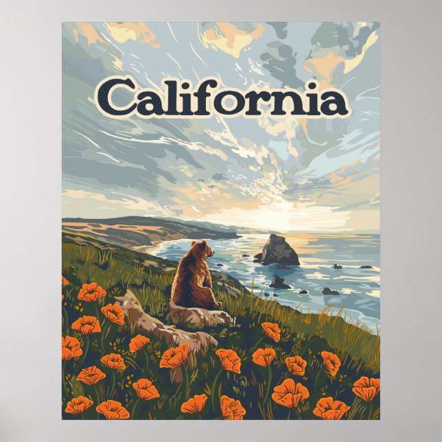 Poster California Bear Poppies Flores Retro (Frente)