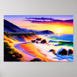 Poster California Coastline Sunset Watercolor