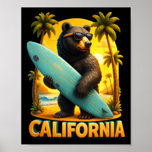 Poster Califórnia Cool República Óculos de Sol Urso Surfa