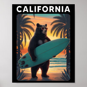 Poster Califórnia Cool República Urso Surfando Praia Cali