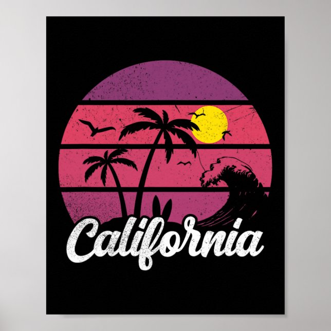 Poster California Retro Sunset Wave Surfboard Beach Surfi (Frente)