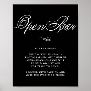 Poster Caligrafia Branca de Humor de Bar Aberto Elegante
