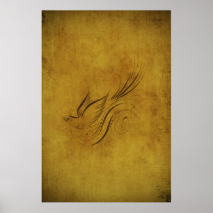 Poster Caligrafia de Pássaro Vintage em Dourado