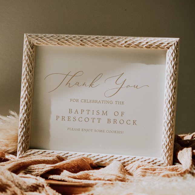 Poster Caligrafia Dourada Delicada | Favor do Batismo de  (Delicate Gold Calligraphy | Cream Baptism Favor Poster)
