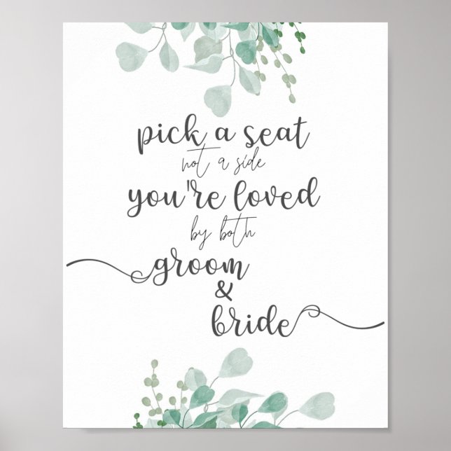 Poster Caligrafia Greenery Escolha um Sinal de Casamento (Frente)
