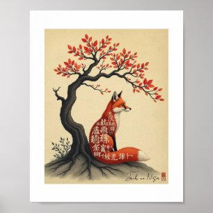 Poster Caligrafia Kitsune Espírito Arte Japonês
