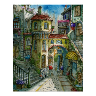 Pôster Callejón de Cuento de Hadas en Acuarela 