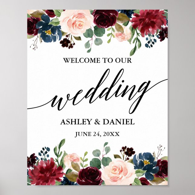 Poster Calliografia Burgundy Blue Floral Weding Bem-vindo (Frente)