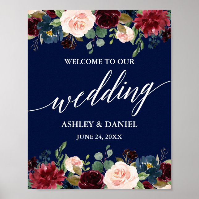 Poster Calliografia Burgundy Floral Blue Weding Bem-vindo (Frente)