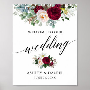 Poster Calliografia Burgundy Floral Weding Bem-vindo