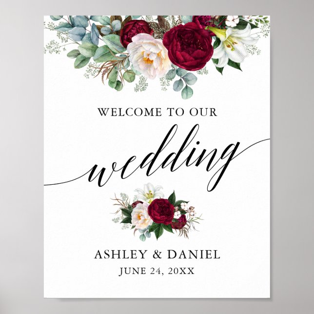 Poster Calliografia Burgundy Floral Weding Bem-vindo (Frente)