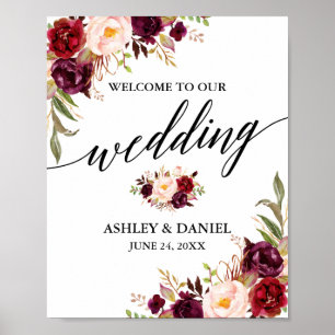Poster Calliografia Burgundy Floral Weding Bem-vindo