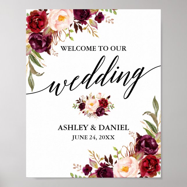 Poster Calliografia Burgundy Floral Weding Bem-vindo (Frente)