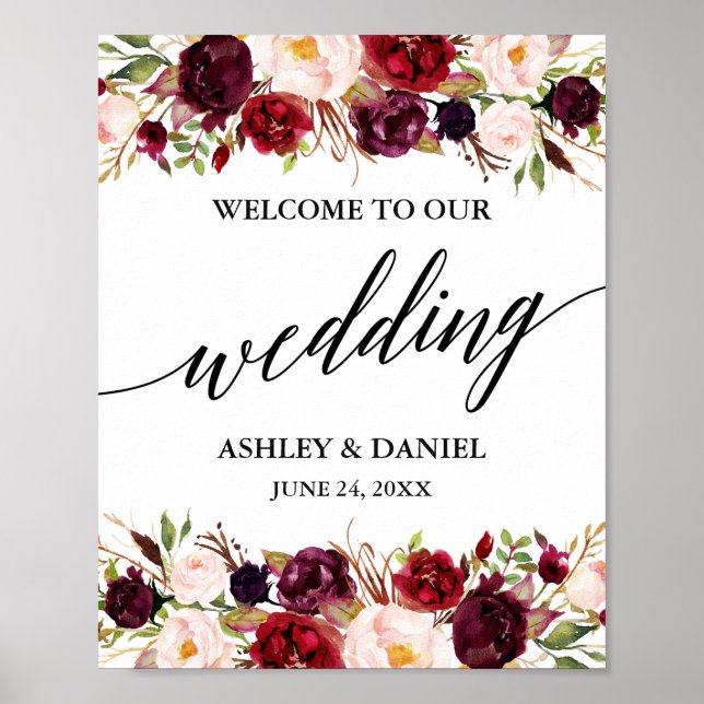 Poster Calliografia Floral Burgundy Wedding (Frente)