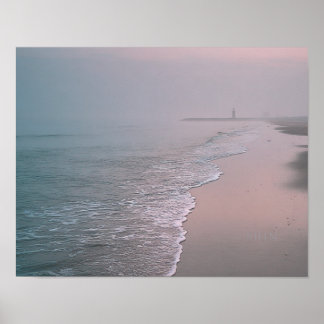 Poster Calm Beach Sunrise with Lighthouse Coastal Wall Ar
