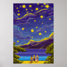 Calm Nightscape Sky, Stars, Retro Painting