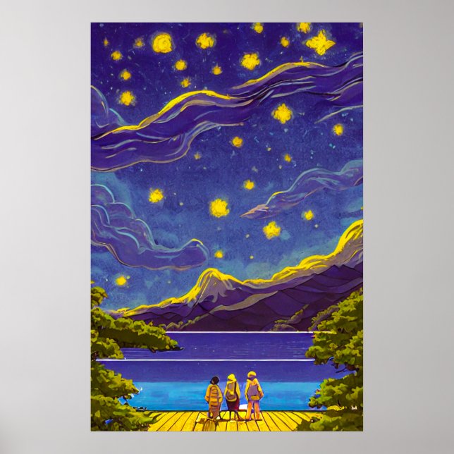 Poster Calm Nightscape Sky, Stars, Retro Painting (Frente)