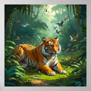 Poster Calm Tiger deitado na selva com pintura de aves
