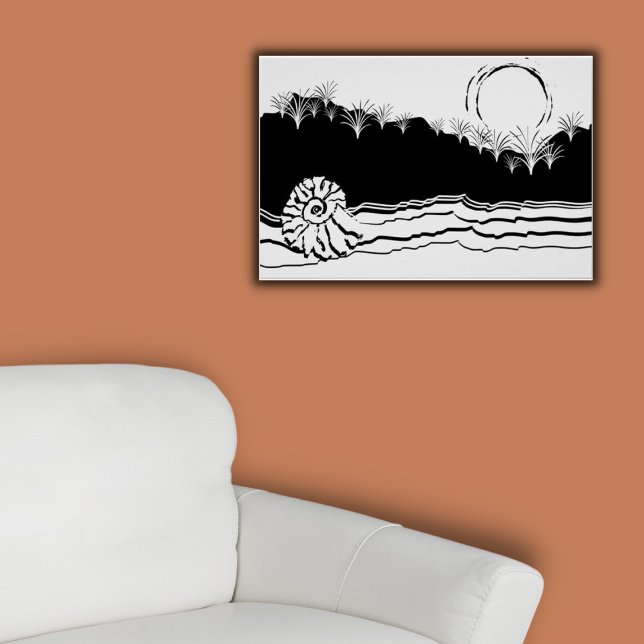Poster Calma Da Manhã Negra E Branca Minimalista Na Praia (Abstract Black and  White Beach Scene, poster on orange wall)