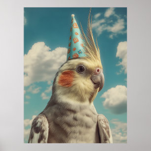Poster Calopsita com Chapéu de Aniversário Contra o Céu A