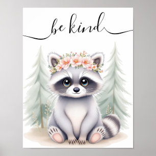 Poster Camareira Whimsical Watercolor Baby Raccoon Woodla