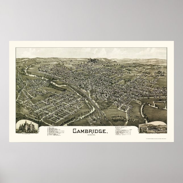 Pôster Cambridge, Mapa Panorâmico OH - 1897 (Frente)