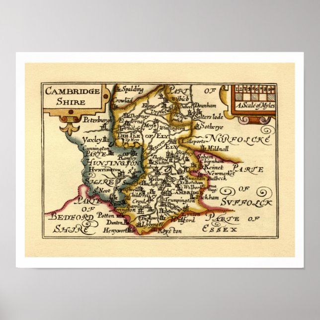 Poster Cambridgeshire County England Antigo Mapa Antiquár (Frente)