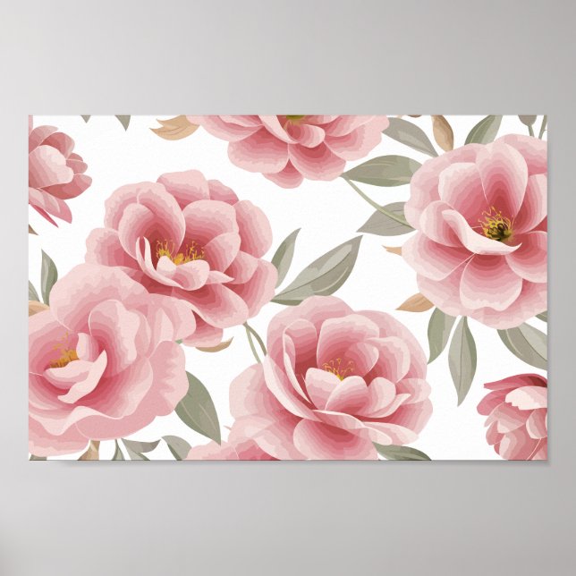 Poster Camélia rosa elegante floral com folhas verdes (Frente)