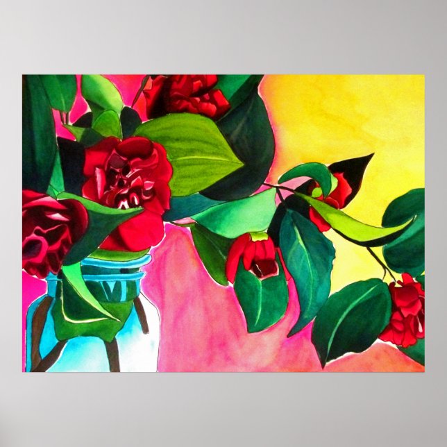 Poster Camellias vermelhas com flor de folhagem verde (Frente)