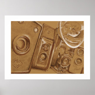 Poster Câmeras Vintage - Desenho de Lápis em Tom Sepia