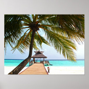 Pôster Caminhada da praia, cabana, palmeira, Maldives