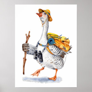 Poster Caminhando o ganso com trouxa e binóculos