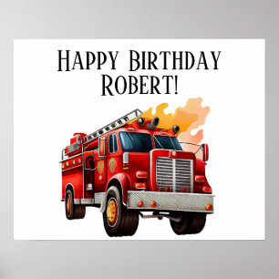 Poster Caminhão de Bombeiros Vermelho Feliz Aniversário N