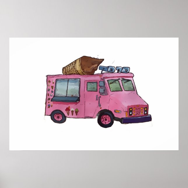 Poster Caminhão de sorvete rosa clássico com cone no topo (Frente)