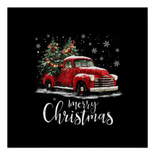 Pôster Caminhão Vermelho Antigo Papai NoelÁrvore Feliz Na