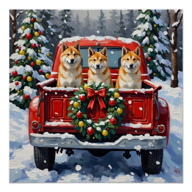 Pôster Caminhão Vermelho de Natal Akita Feriado (Frente)