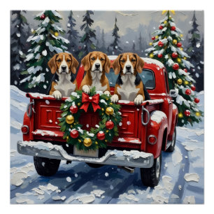 Pôster Caminhão Vermelho de Natal Beagle Férias