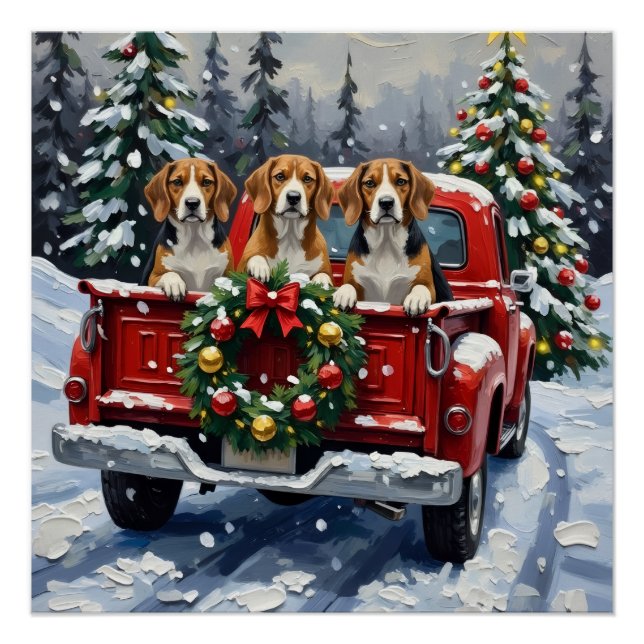 Pôster Caminhão Vermelho de Natal Beagle Férias (Frente)