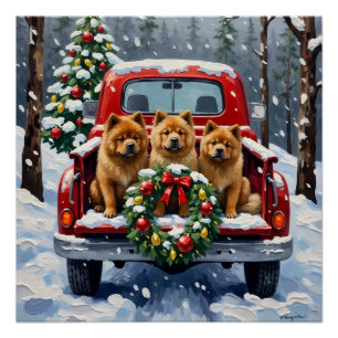 Pôster Caminhão Vermelho de Natal Chow Chow Feriado