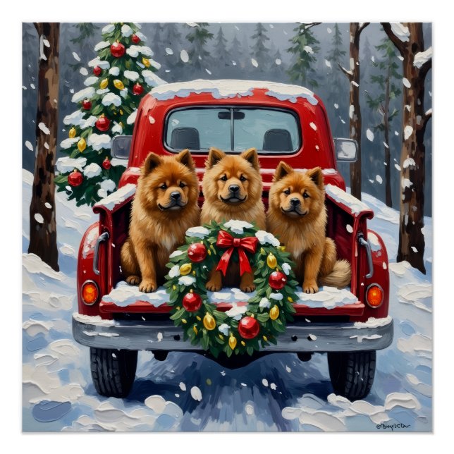 Pôster Caminhão Vermelho de Natal Chow Chow Feriado (Frente)
