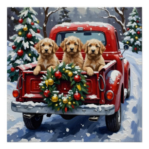 Pôster Caminhão Vermelho de Natal Cockapoo Férias