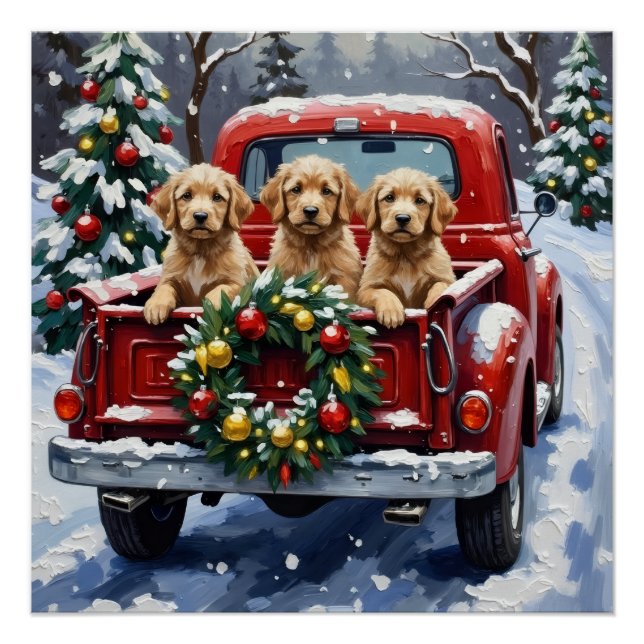 Pôster Caminhão Vermelho de Natal Cockapoo Férias (Frente)