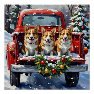 Pôster Caminhão Vermelho de Natal Corgi Férias