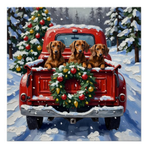 Pôster Caminhão Vermelho de Natal do Dachshund Férias