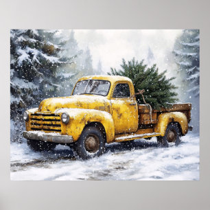 Poster Caminhãozinho Amarelo Antigo com Árvore de Natal