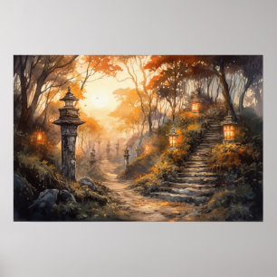 Poster Caminho com uma aquarela com lanternas no outono