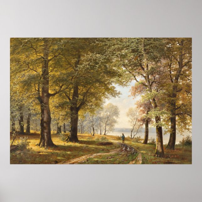 Poster Caminho da Floresta com Hiker no outono (Frente)