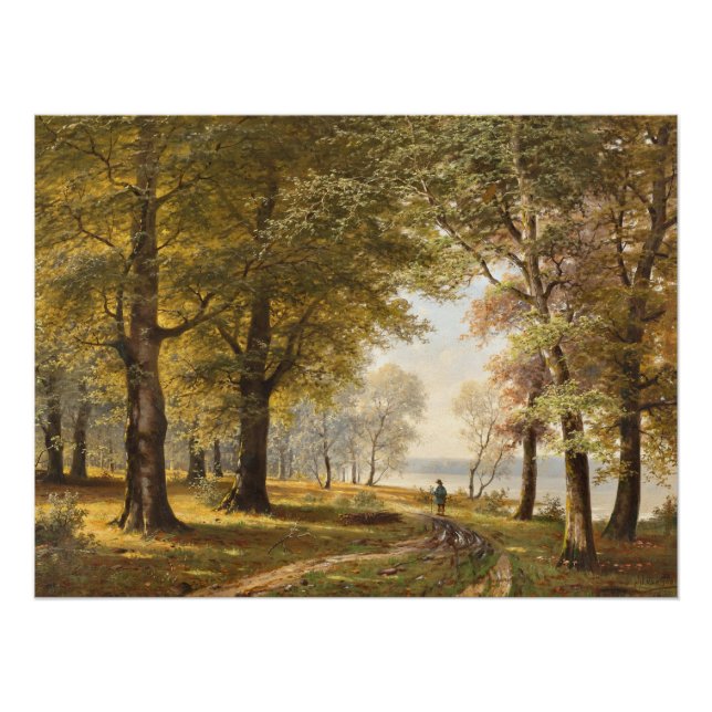 Pôster Caminho da Floresta com Hiker no outono (Frente)