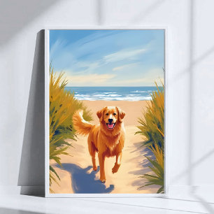 Poster Caminho da Praia do Golden Retriever   Cachorro do